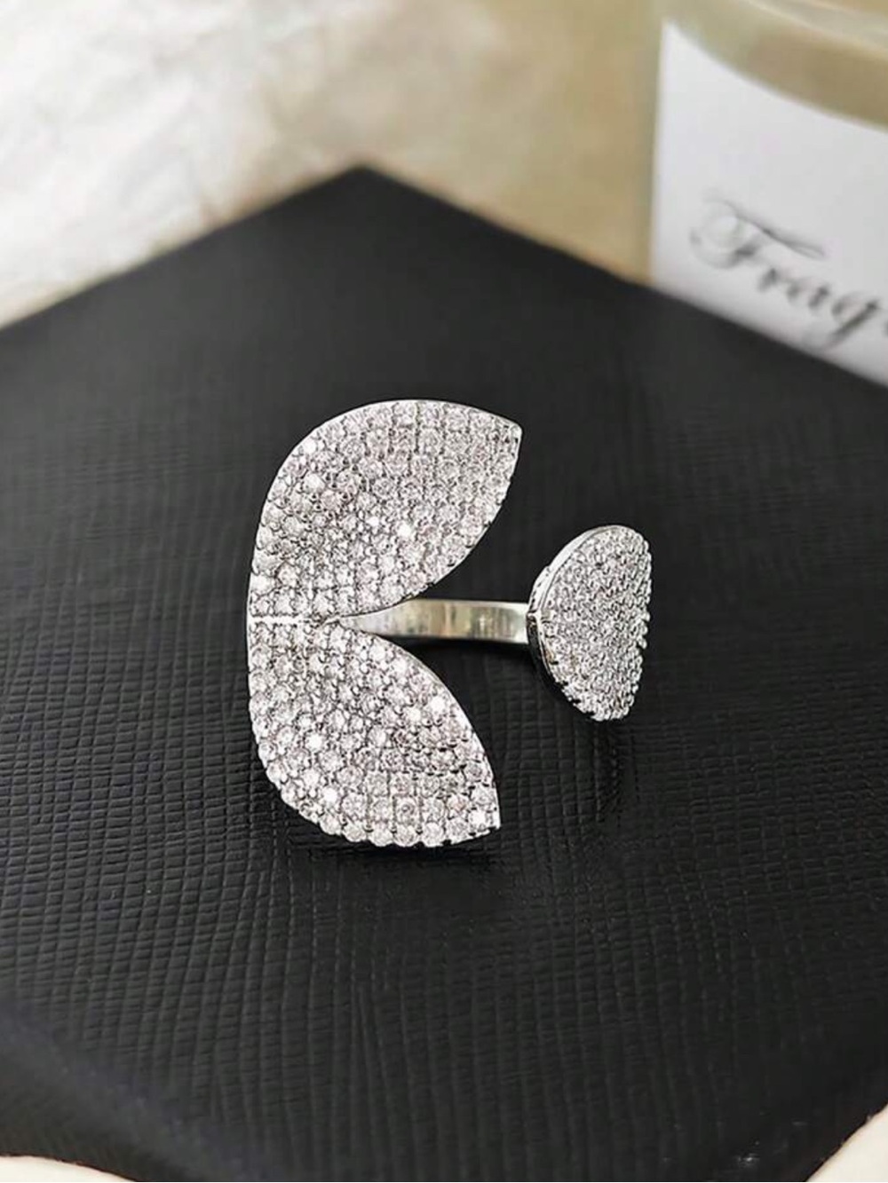 Anthropologie Silver Pave Leaf-Accent Adjustable Ring